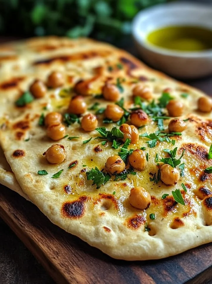 Crispy chickpea flatbread served on a wooden platter with fresh herbs.