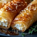 Crispy feta phyllo rolls with spicy honey drizzled on top.