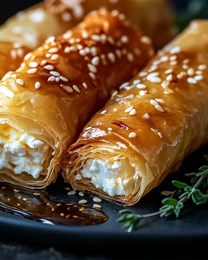 Crispy feta phyllo rolls with spicy honey drizzled on top.