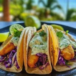 Plate of crispy fish tacos with cilantro lime slaw