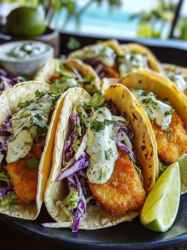 Crispy fish tacos with cilantro lime slaw on a rustic plate