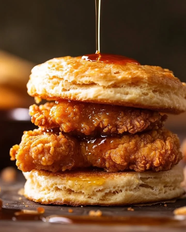 Crispy honey butter fried chicken biscuits served on a rustic plate