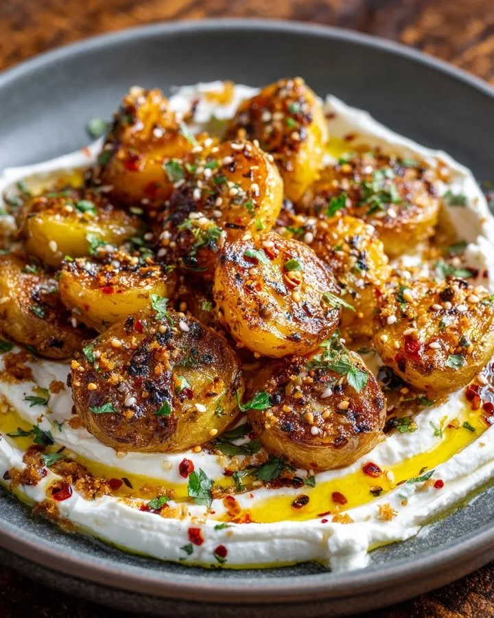 Crispy smashed potatoes topped with whipped feta and chili oil