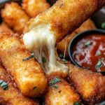 Crispy mozzarella sticks with marinara sauce and creamy dip on a platter