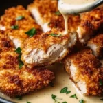 Crispy Parmesan chicken with rich garlic sauce served on a plate