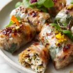 Crispy rice paper parcels filled with whipped feta and garnished with pistachios