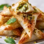 Crispy rice paper samosas with whipped pistachio-feta filling on a plate.
