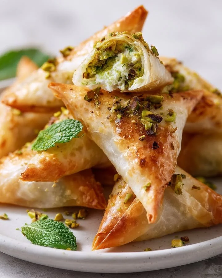 Crispy rice paper samosas with whipped pistachio-feta filling on a plate.