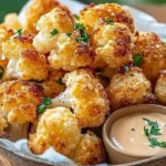 Crispy roasted cauliflower bites on a plate with dipping sauce