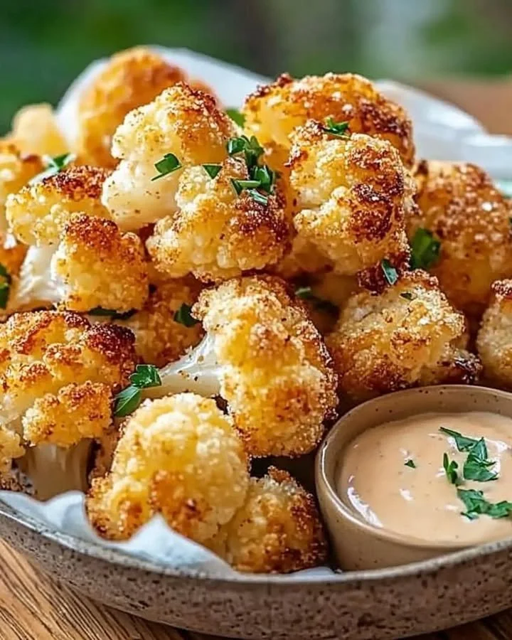 Crispy roasted cauliflower bites on a plate with dipping sauce