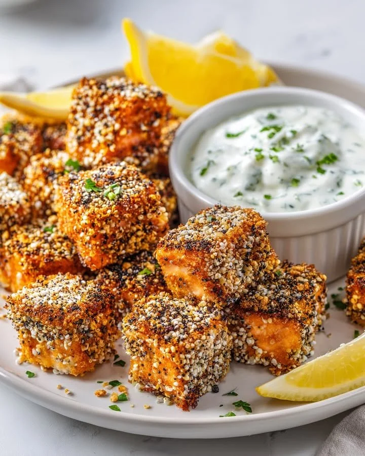 Plate of crispy salmon cubes with everything crust and onion dip
