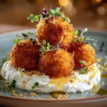 Crispy sweet potato balls with whipped feta and honey drizzled on top.