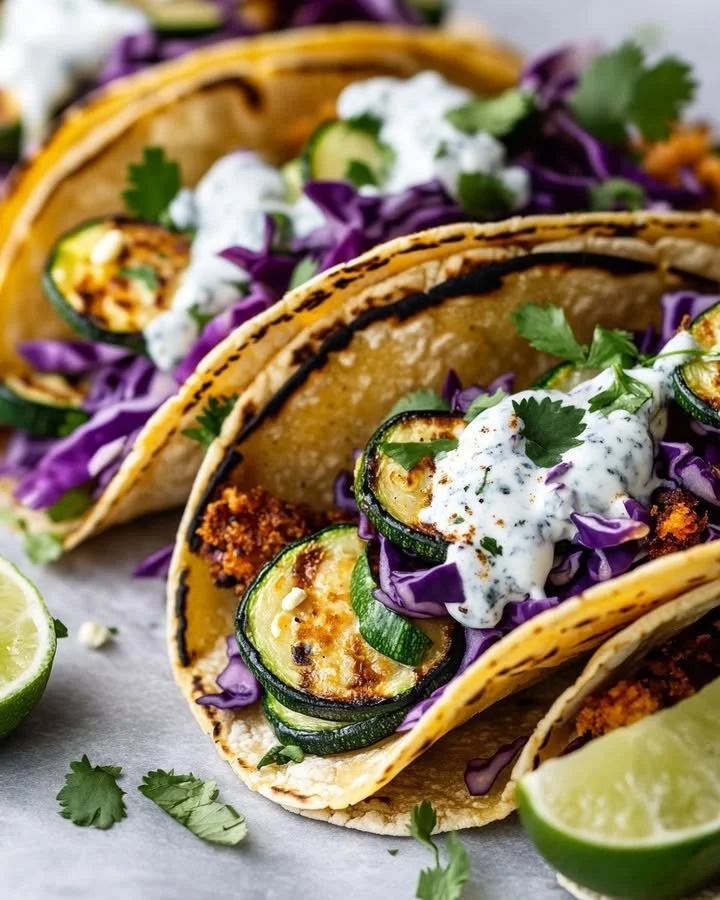 Crispy zucchini and blue cheese tacos served on a plate with toppings