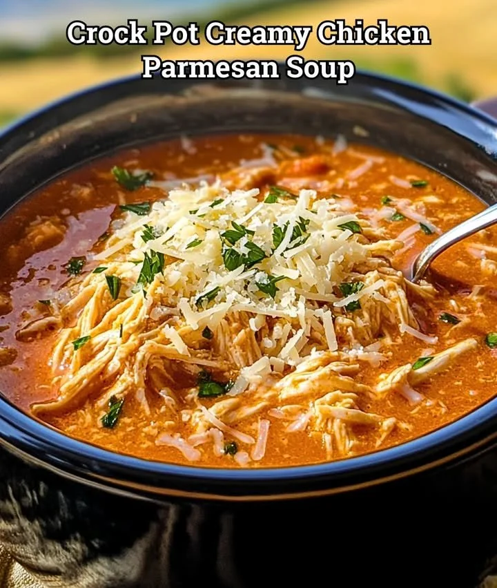 Crock Pot Creamy Chicken Parmesan Soup served in a bowl with toppings