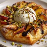 Crowned puff pastry wreath with burrata, grilled peaches, and pistachios on a rustic table