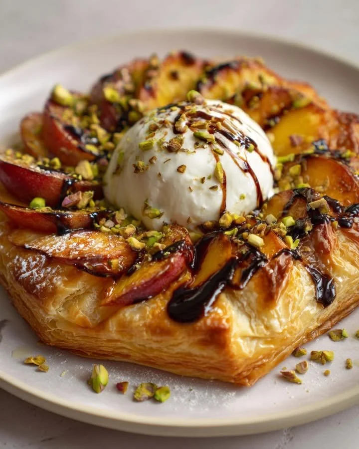 Crowned puff pastry wreath with burrata, grilled peaches, and pistachios on a rustic table