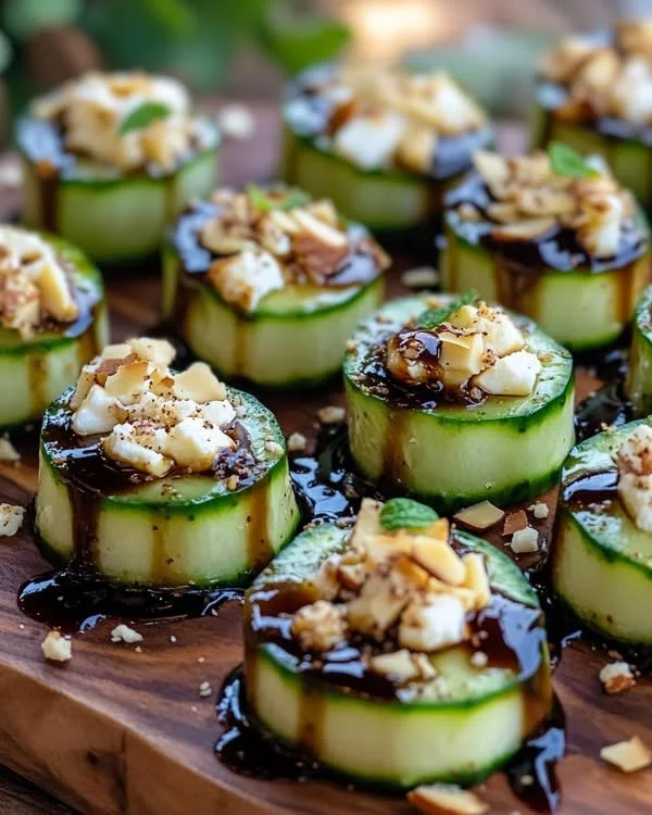 Cucumber Almond Feta Rolls topped with honey balsamic dressing