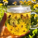 A cup of dandelion tea with fresh dandelion leaves on a wooden table