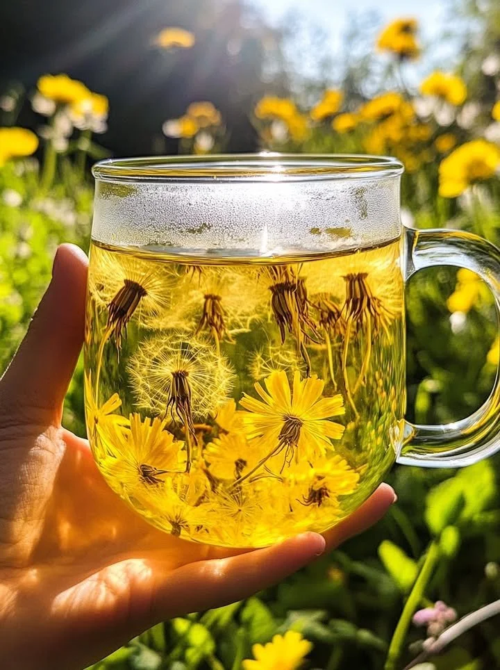 A cup of dandelion tea with fresh dandelion leaves on a wooden table