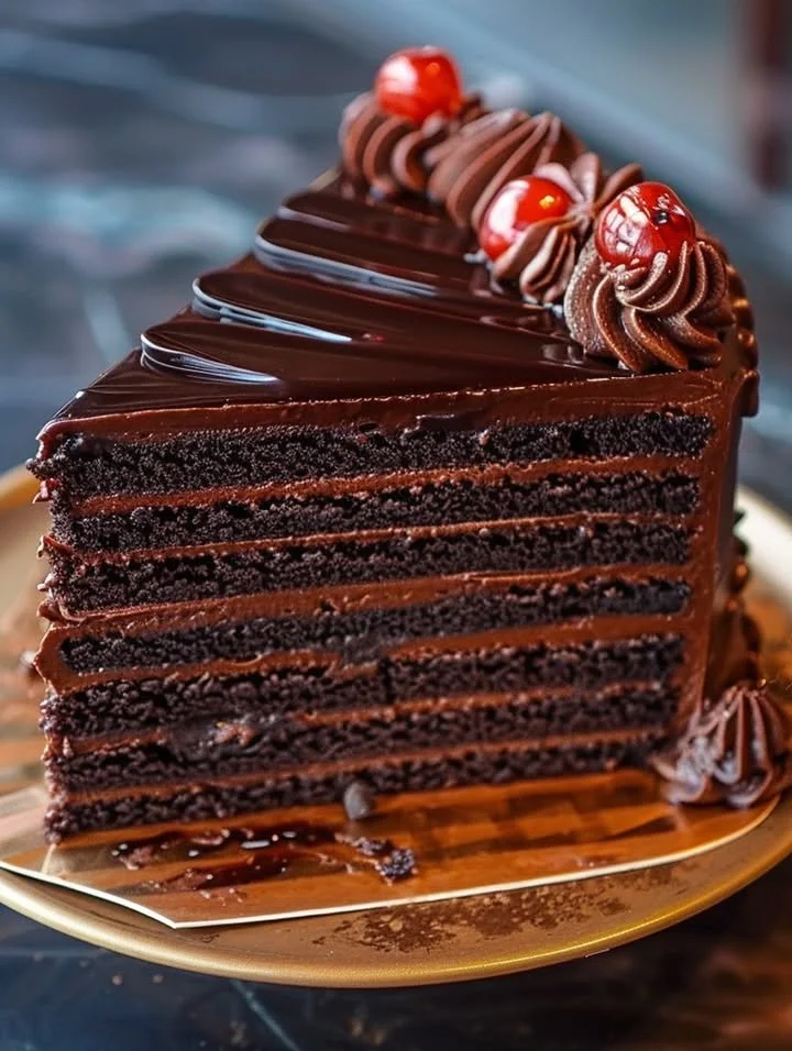 Delicious dark chocolate cake topped with rich chocolate frosting.
