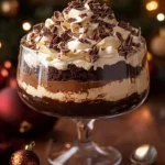 Decadent chocolate tiramisu trifle dessert topped with cocoa and chocolate shavings