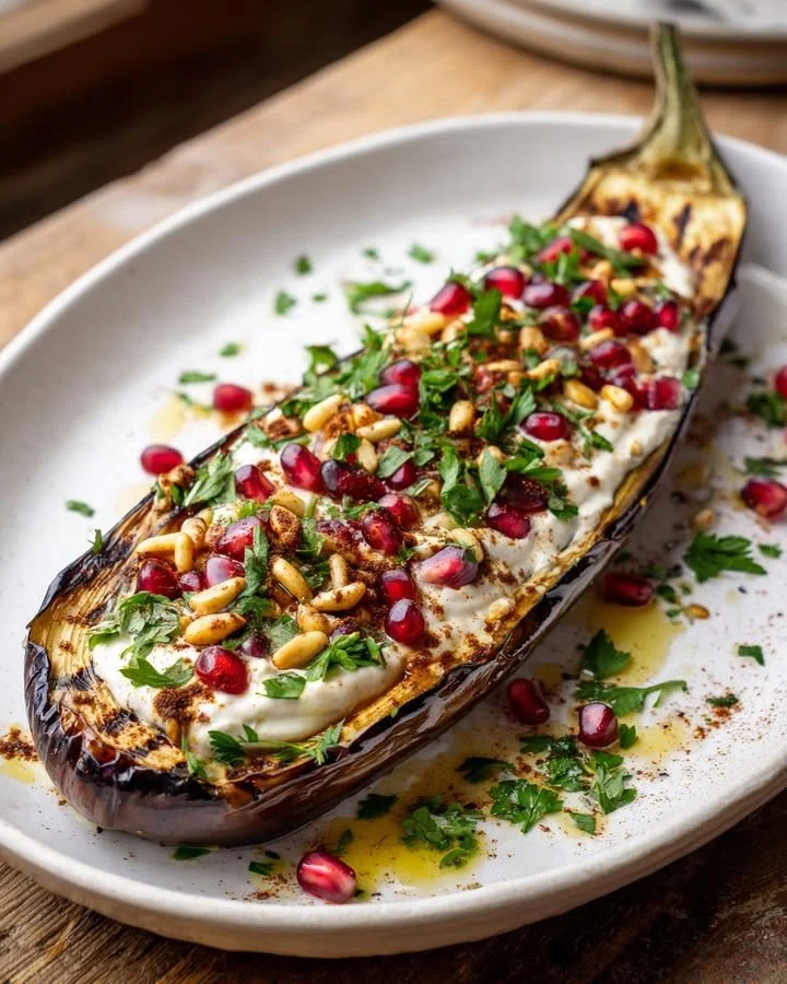 Deconstructed Baba Ghanoush Platter with tahini, pomegranate, and pine nuts served on a wooden board