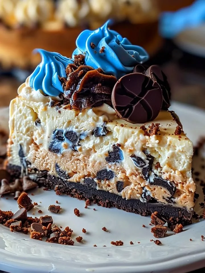 Delicious Cookie Monster Cheesecake topped with cookie crumbles and blue frosting