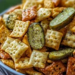 Bowl of Dill Pickle Chex Mix with a crunchy and flavorful snack blend