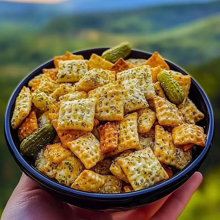 Bowl of homemade Dill Pickle Chex Mix with a crunchy and tangy flavor profile.