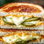 Delicious dill pickle grilled cheese sandwich with melted cheese and pickles