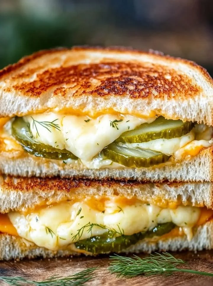 Delicious dill pickle grilled cheese sandwich with melted cheese and pickles