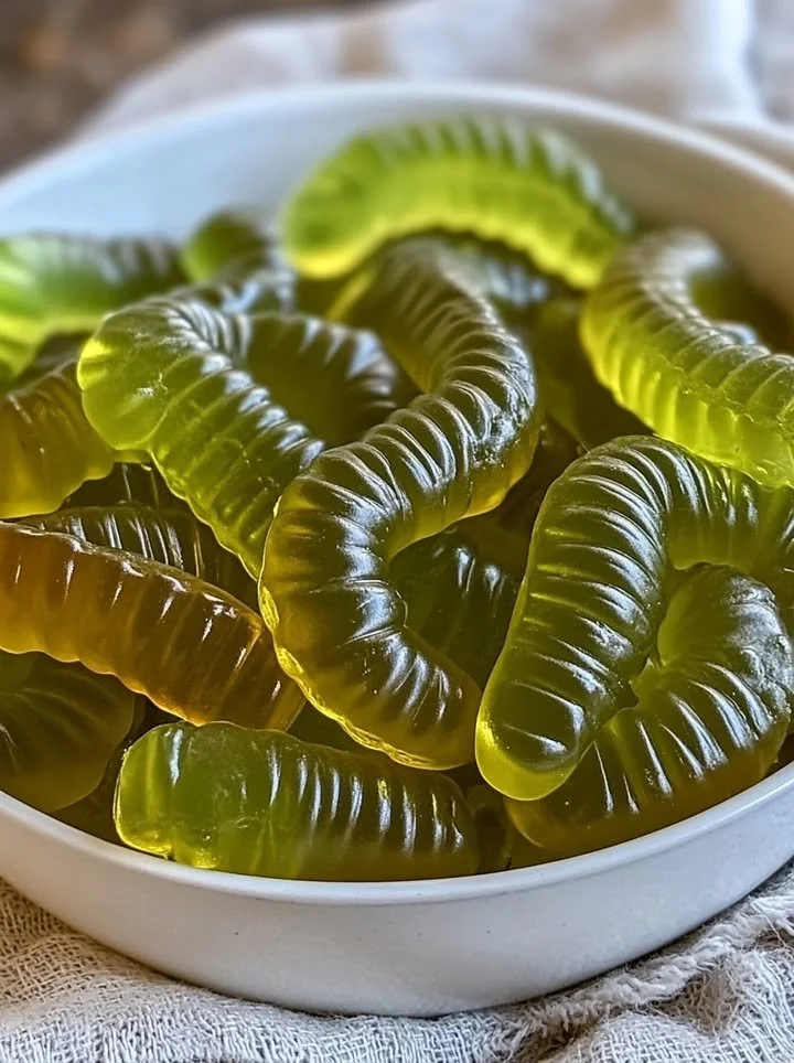 Delicious dill pickle gummy worms in a vibrant display.