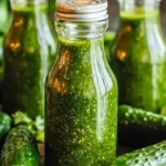 Dill pickle hot sauce bottle featuring vibrant green color and spicy label.