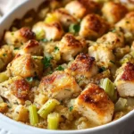 Delicious Dolly's Chicken and Stuffing Casserole with golden topping