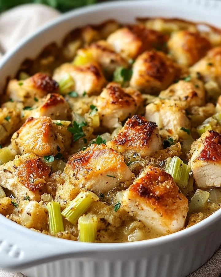 Delicious Dolly's Chicken and Stuffing Casserole with golden topping