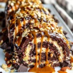 Double Chocolate Almond Caramel Cake Roll with rich chocolate and almond flavors