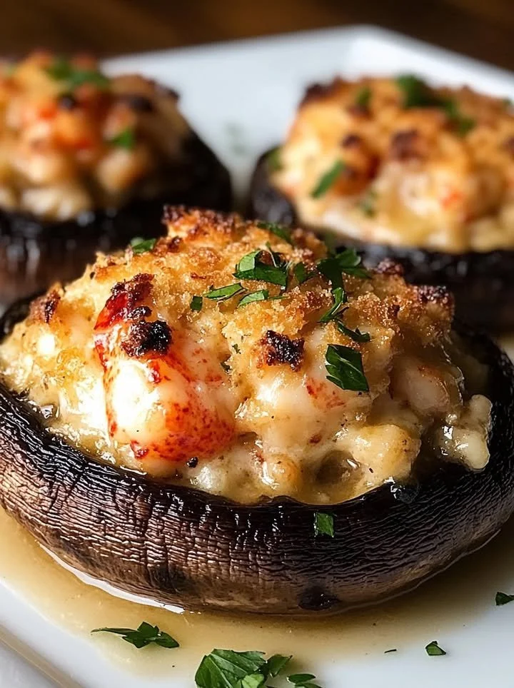 Delicious lobster-stuffed Portobello mushrooms baked to perfection.