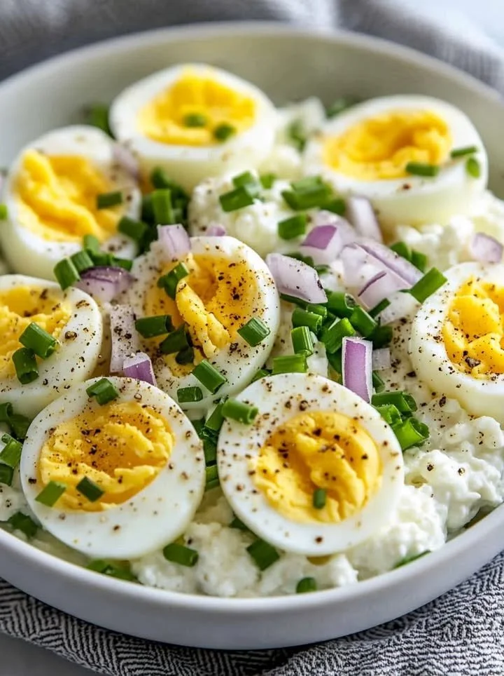 Egg salad made with cottage cheese and herbs in a bowl