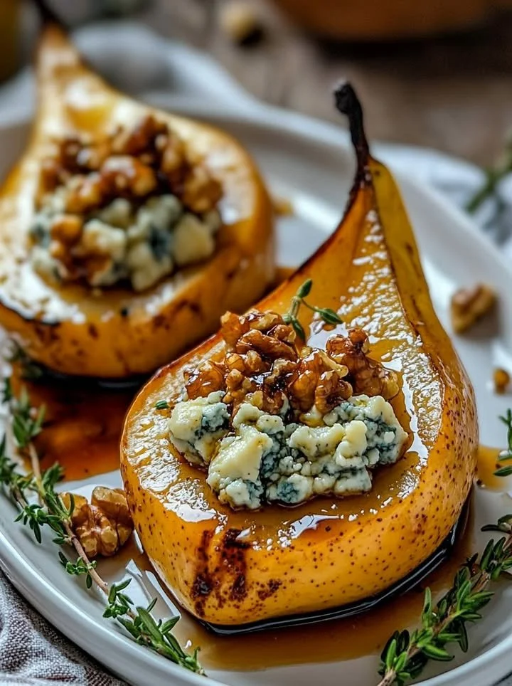 Elegant blue cheese stuffed pears on a serving platter