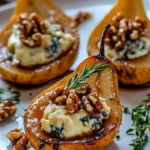 Elegant blue cheese stuffed pears served on a platter
