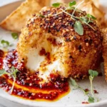 Everything-Crusted Burrata Bomb with Spicy Tomato Jam served on a plate