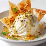 Feta Honey Ice Cream served with crispy phyllo shards in a bowl