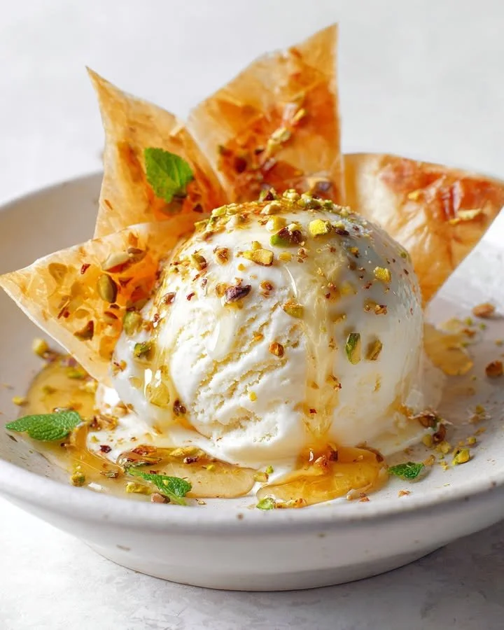 Feta Honey Ice Cream served with crispy phyllo shards in a bowl