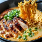 Bowl of fiery chicken ramen topped with creamy garlic sauce and vegetables
