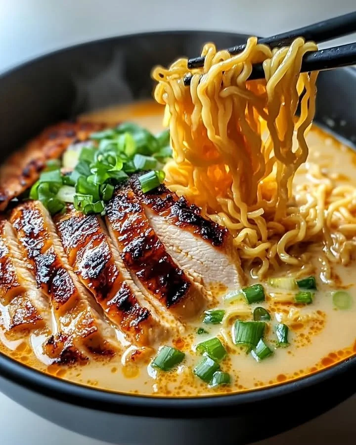 Bowl of fiery chicken ramen topped with creamy garlic sauce and vegetables