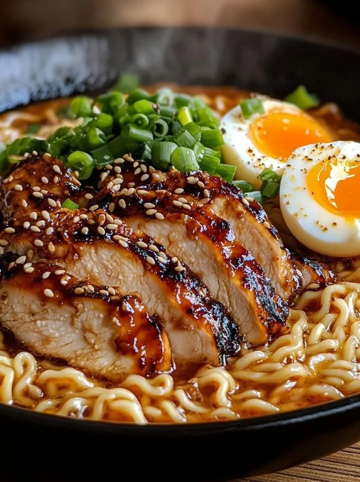 Fiery chicken ramen served with creamy garlic sauce in a bowl