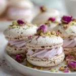 Floral pistachio meringue sandwiches with whipped rose cream on a decorative plate
