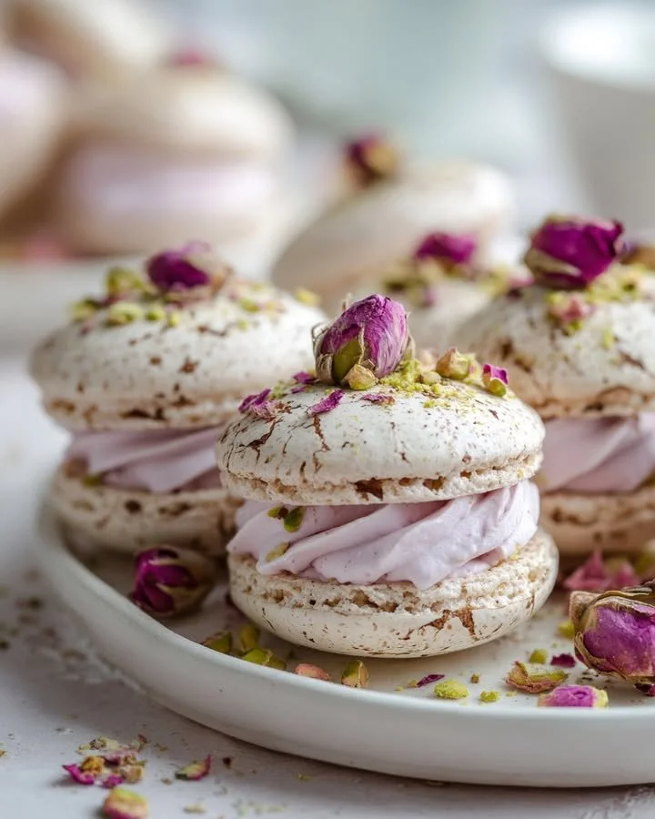 Floral pistachio meringue sandwiches with whipped rose cream on a decorative plate