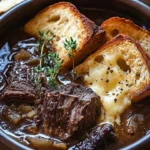 Bowl of French Onion Beef Short Rib Soup garnished with herbs