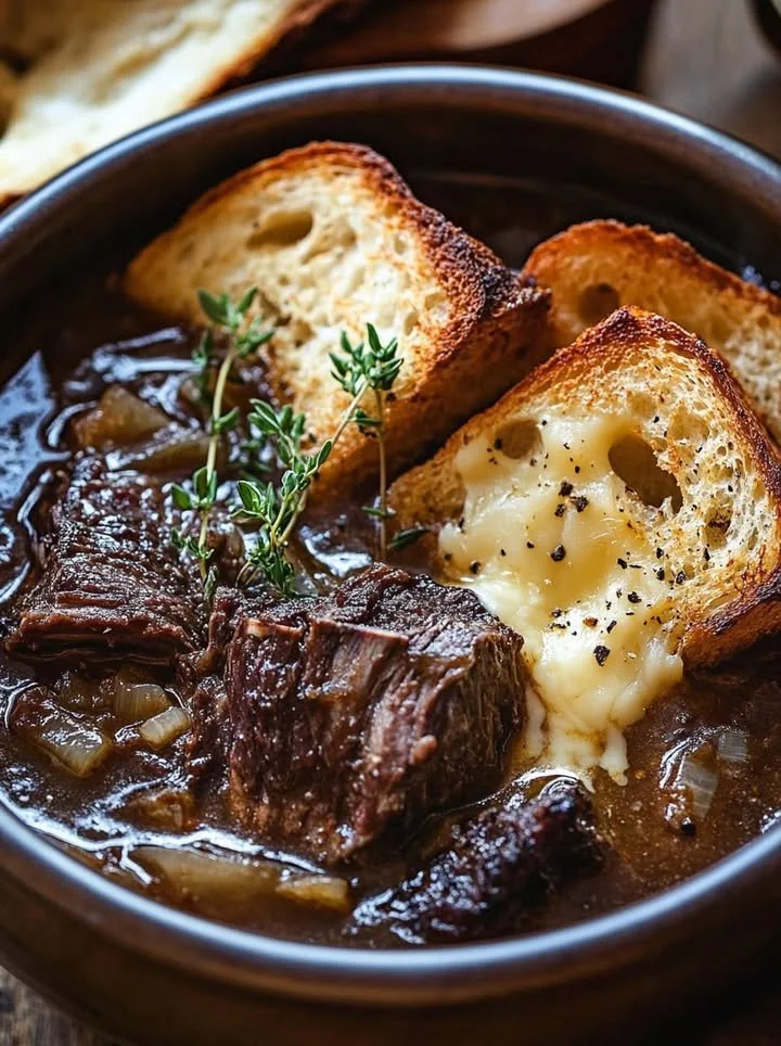 Bowl of French Onion Beef Short Rib Soup garnished with herbs